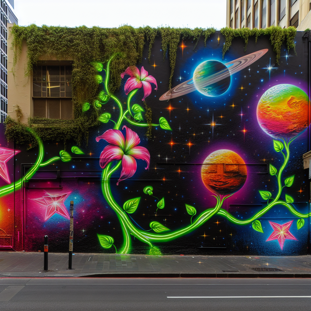 A vibrant city mural: neon flowers blooming alongside planets perched on stems, stars woven through lush ivy, all glowing against an urban wall. The scene feels otherworldly, like a cosmic garden. #StreetArt #SurrealNature