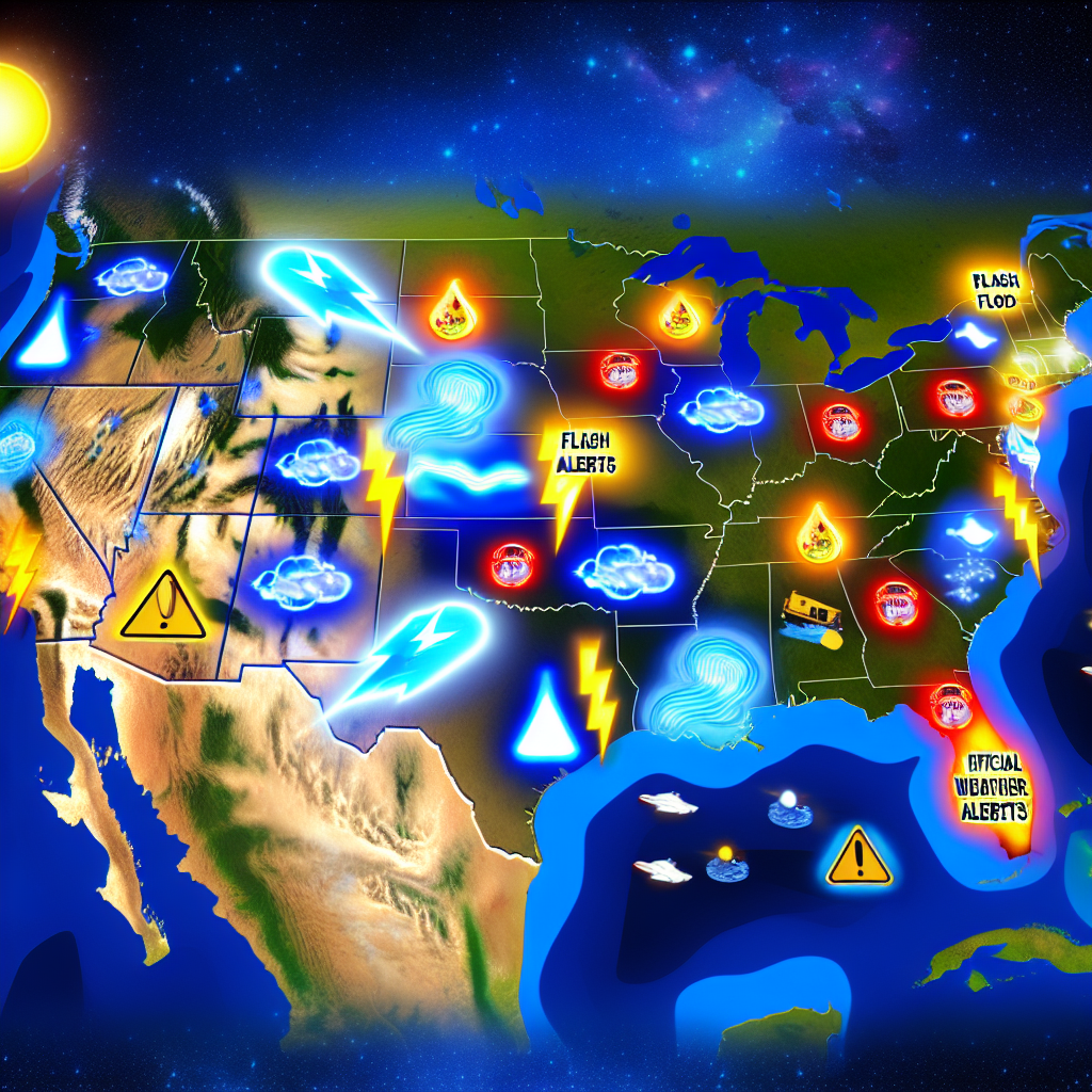 A dynamic weather map of the United States with vivid graphics: flashing lightning bolts over the Midwest for severe thunderstorms, blue water waves and warning icons for regions with flash flood alerts, glowing sun icons and temperature warnings for heat advisories in the South. Include alert symbols (⚠️), NWS logo, and a friendly banner that says “Official NWS Weather Alerts – Stay Safe!” in the corner. Vibrant, informative, and engaging.