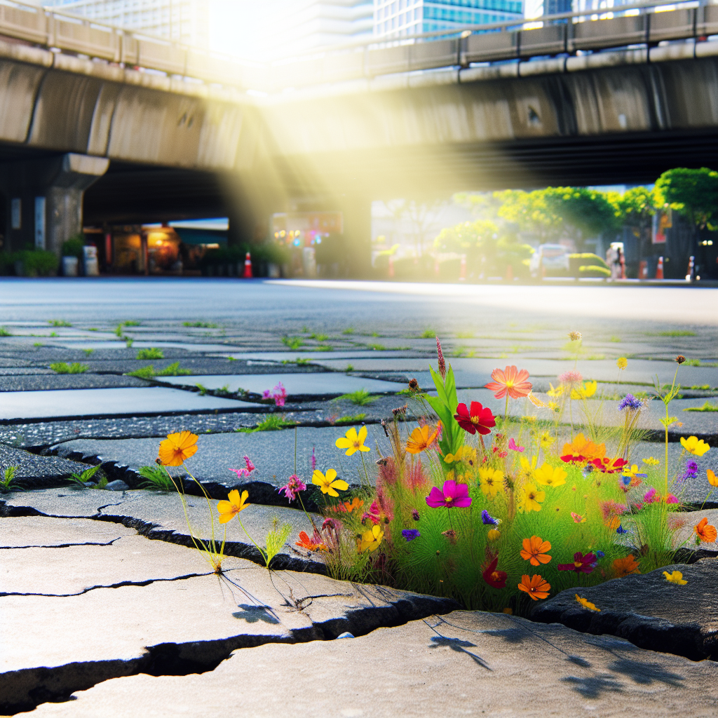 A vibrant patch of wildflowers bursting through cracked city pavement, sunlight illuminating their colors, surrounded by gray urban textures—nature’s resilience in an urban landscape. #urbanbotany #citylife